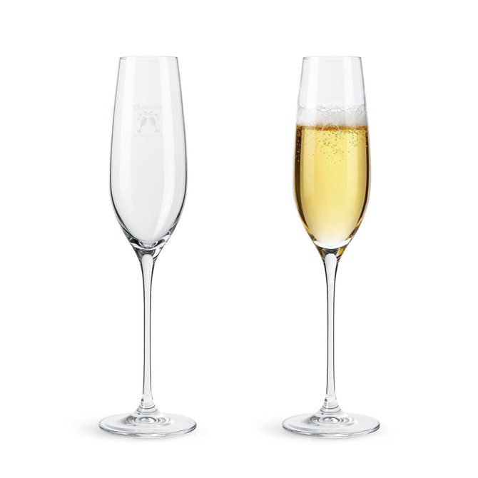 Two elegant classic champagne flutes, one empty and one filled with sparkling champagne, both in clear glass.