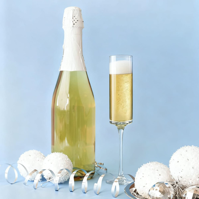 A champagne bottle with a white foil top beside a straight champagne flute filled with sparkling wine, set on a light blue background.