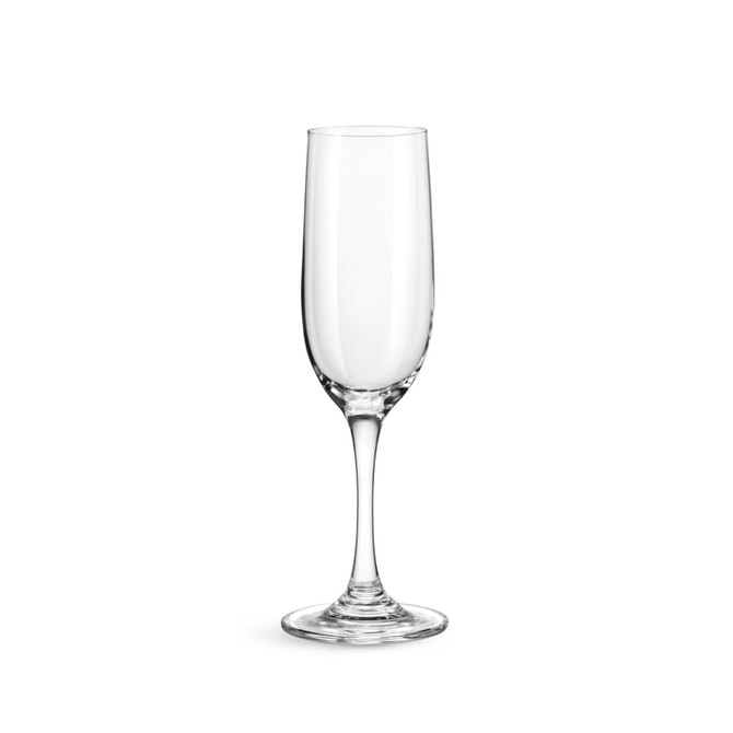 A clear, elegant wine glass with a tall stem and flared bowl. Features a simple design and has a logo.