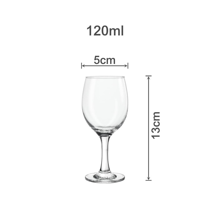A clear, 120ml wine glass with a round bowl and a stem, measuring 5cm in diameter and 13cm in height.