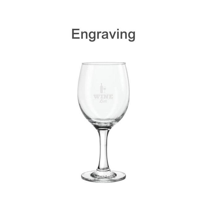 A clear wine glass with a stem, featuring a logo. It has a smooth, minimalist design.