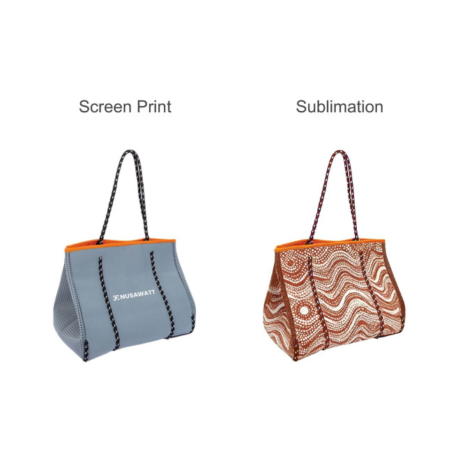 A large neoprene beach tote bag in grey and orange with a logo, and another in brown with a patterned design.