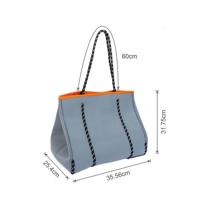 A large grey neoprene beach tote bag with orange accents and black and white handles, featuring mesh panels.