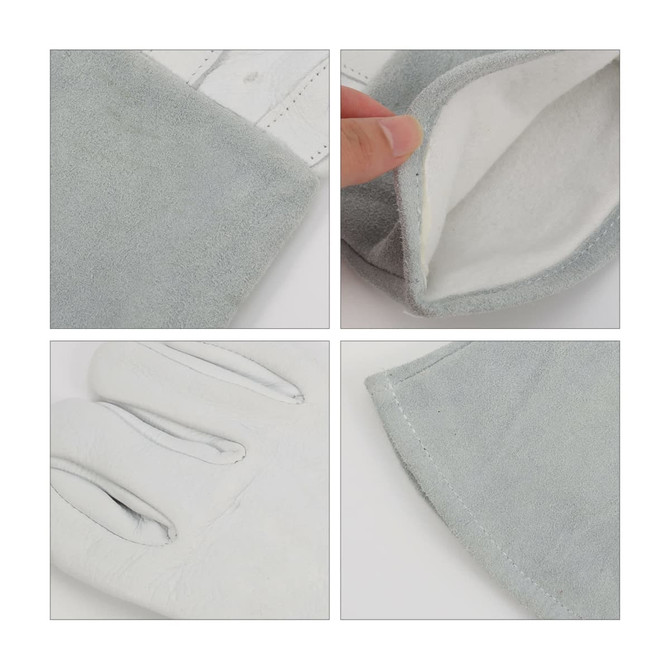 Heat resistant gloves in grey, featuring a soft interior and suede exterior, highlighted in four close-up views.