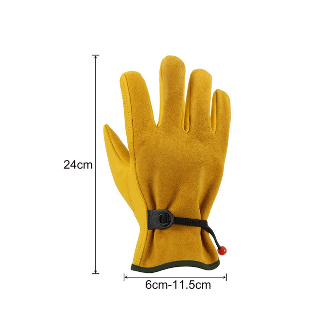 A pair of yellow cowhide gardening gloves with a secure wrist strap, featuring a logo. Dimensions included.