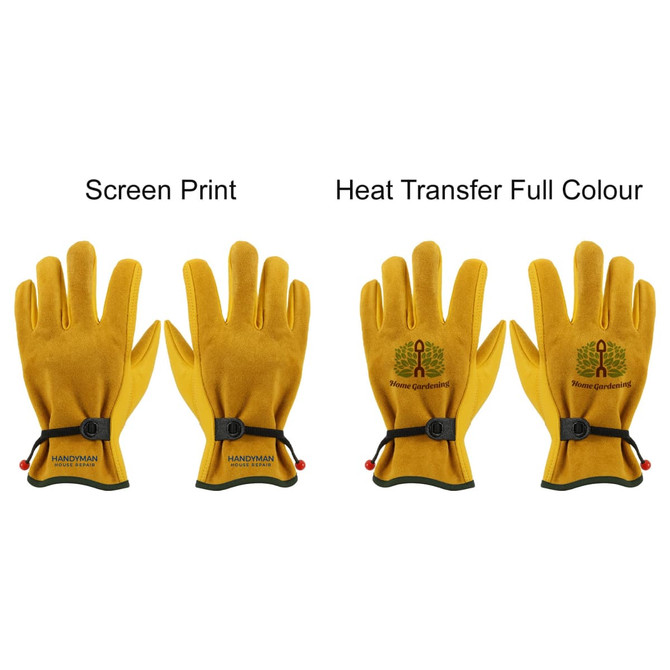A pair of yellow gardening gloves with branding and adjustable wrist straps, displayed side by side.