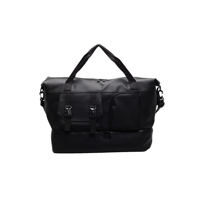 A black travel weekender bag with multiple straps and pockets, featuring a logo.