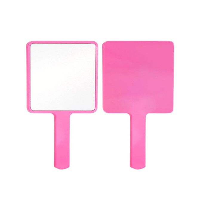 A handheld square mirror with a bright pink frame and handle, featuring a reflective surface on one side.