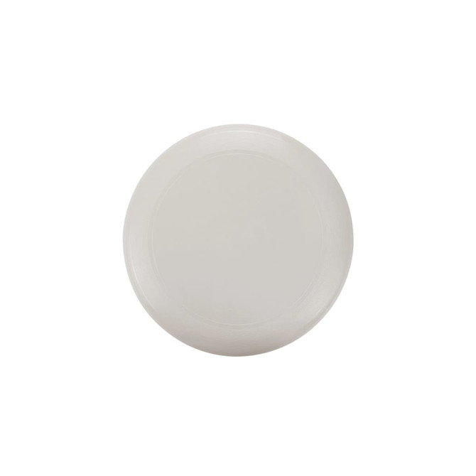 A white frisbee with a smooth surface and a subtle rim design, featuring a logo in the centre.