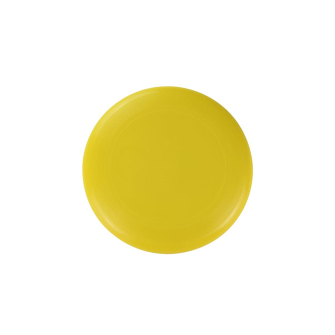 A yellow frisbee with a circular design and a subtle texture. It features a logo.