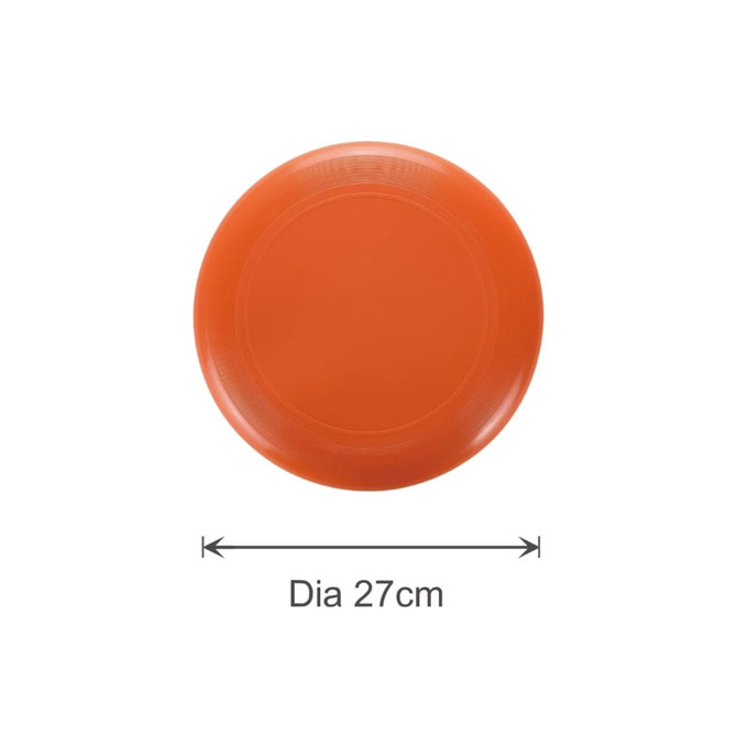 An orange PE frisbee with a diameter of 27 cm. It features a simple design and has a logo.