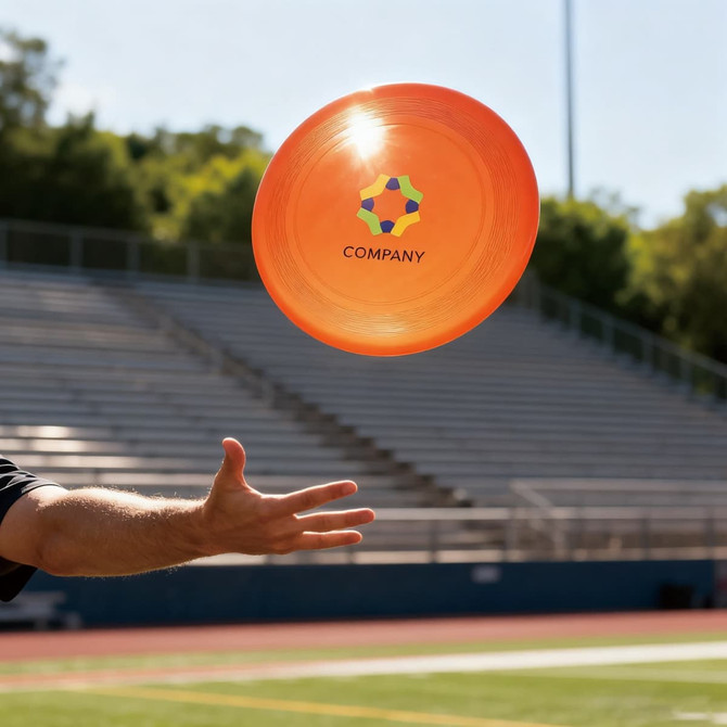 An orange frisbee is being thrown, featuring a logo in the centre. The background shows bleachers in a sports field.