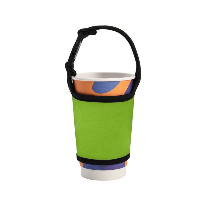 A drink bottle sleeve in vibrant green, featuring a black strap and designed to hold a disposable cup.