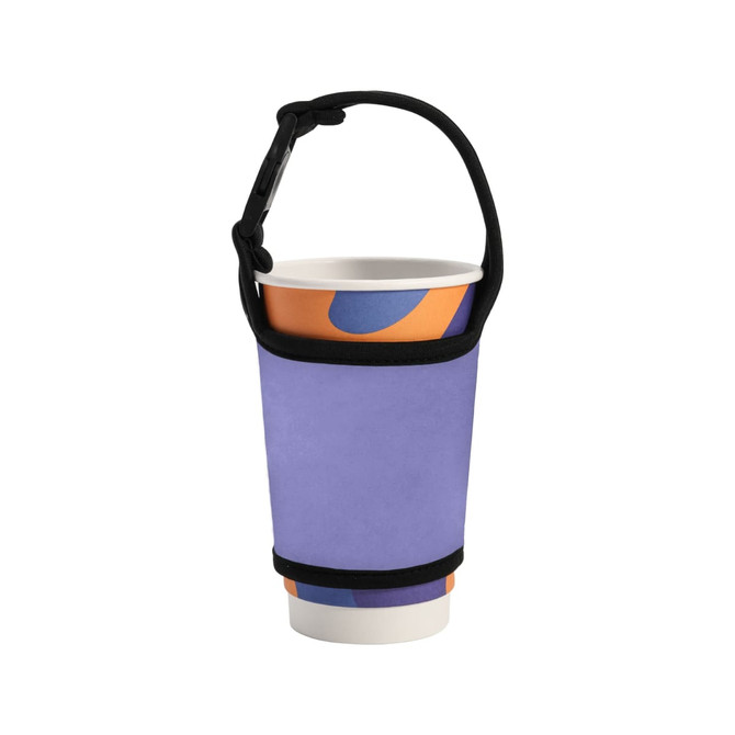 A drink bottle holder in purple with a black strap, designed to fit a cup or bottle.