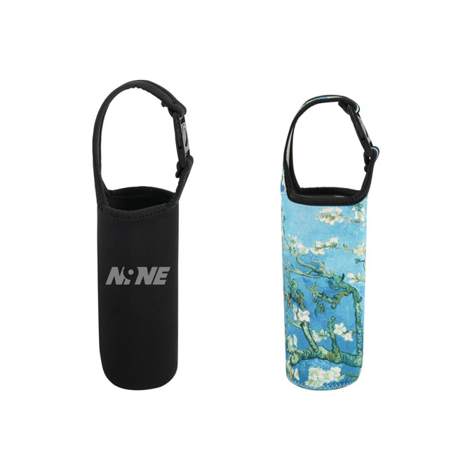 A drink bottle carrier pouch featuring a black side with a logo and a blue floral design on the other side.