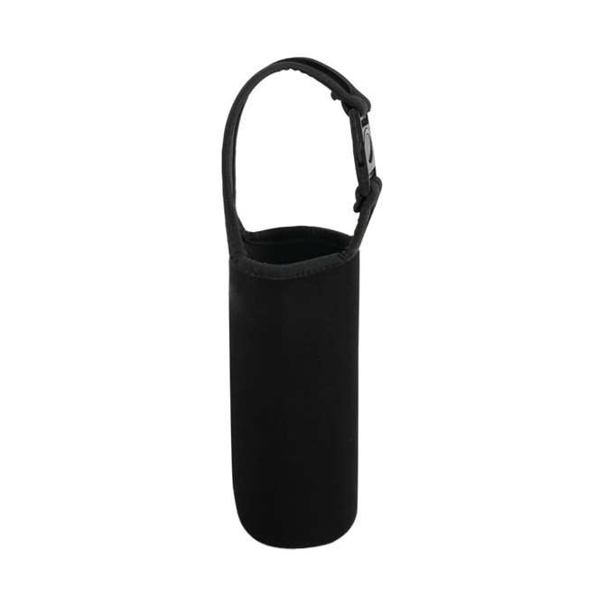 A drink bottle carrier pouch in black, featuring a handle and a fitted design. It includes a logo.