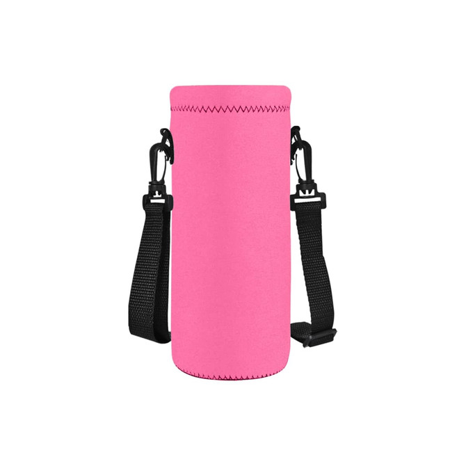 A drink bottle carrier in bright pink with adjustable black straps and a textured surface. It has a logo on the side.