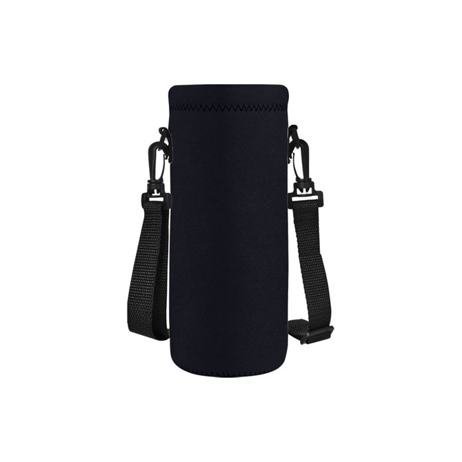 A drink bottle carrier in black, featuring adjustable straps and a secure fastening system. It has a logo on it.