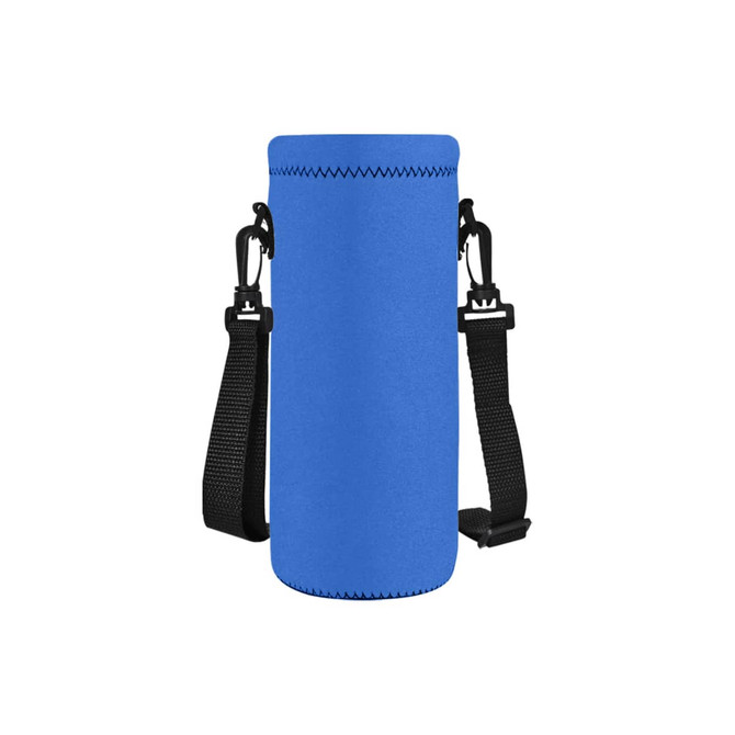 A drink bottle carrier in bright blue with black straps and clips for easy carrying. It features a logo.