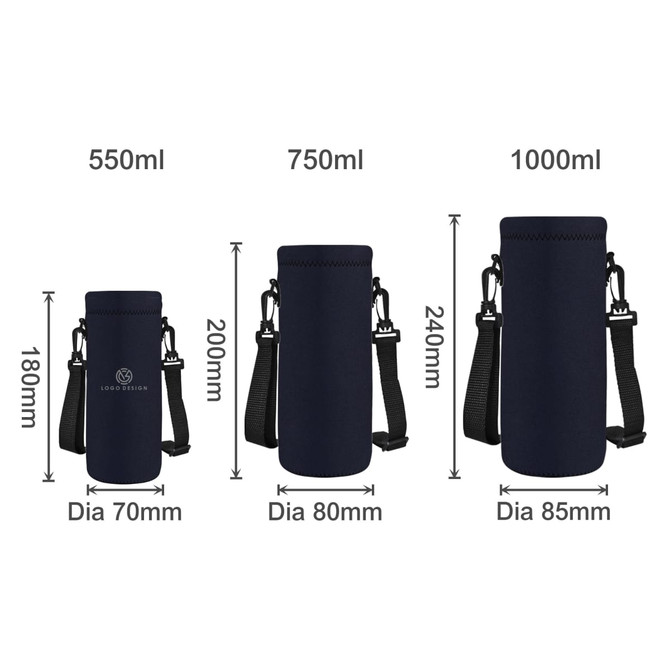 A drink bottle carrier in navy blue, available in three sizes with adjustable straps and a logo.