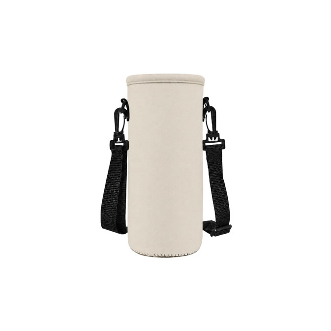 A drink bottle carrier in beige fabric with black straps, featuring clips for attachment.