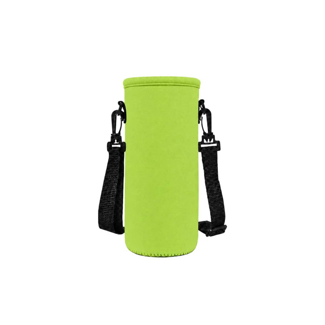 A drink bottle carrier in bright green with adjustable black straps for easy transport. Features a simple design.