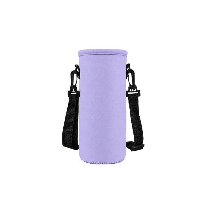 A drink bottle carrier in light purple with adjustable black straps, featuring a logo on the side.