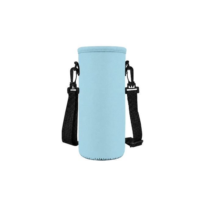 A drink bottle carrier in light blue, featuring a fabric exterior and adjustable black straps. It has a logo.