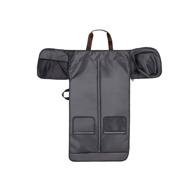 A grey convertible backpack duffel garment bag with multiple pockets and a brown handle. It features a logo.