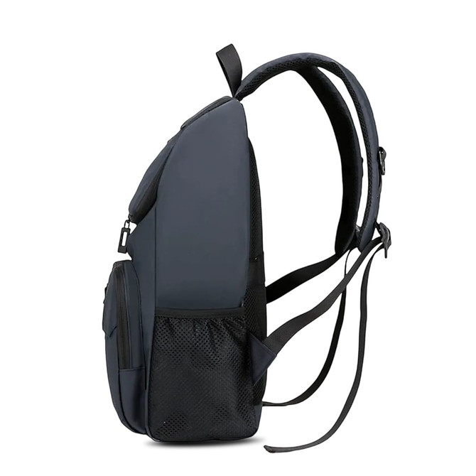 A dark navy business laptop backpack with adjustable straps and mesh side pockets. It features a branded logo.