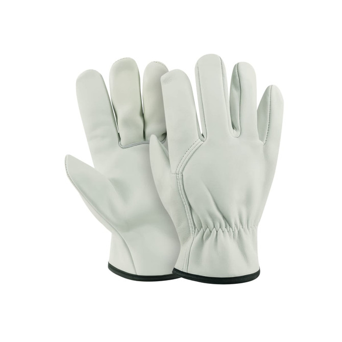 Light grey leather work gloves with elasticised wrist and a smooth finish, featuring a branding logo.