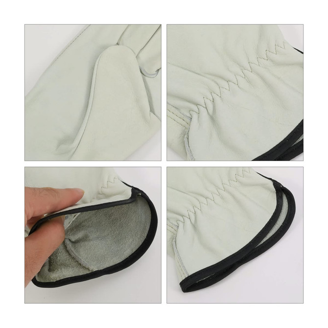 Leather work gloves in light grey with black trim, featuring elasticised cuffs and close-up views of the interior and seams.