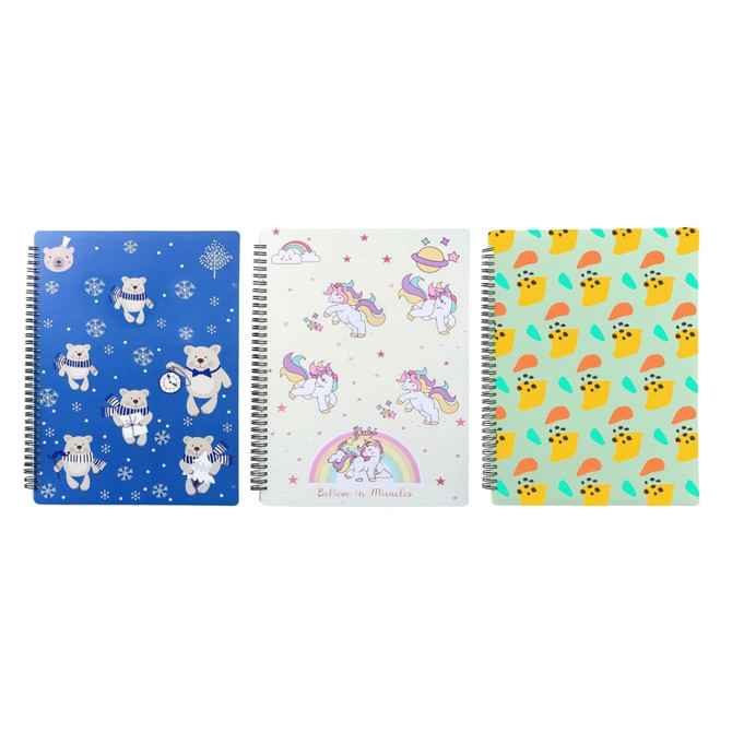 Three spiral-bound folders with varied designs: blue with bears, white with unicorns, and vibrant patterns of ice creams.