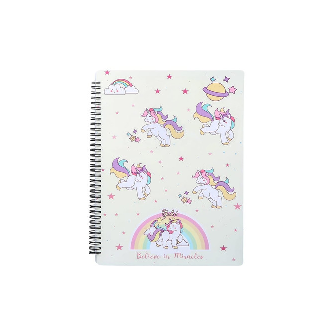 A spiral-bound folder featuring colourful unicorns, stars, and rainbows on a light background with a playful design.