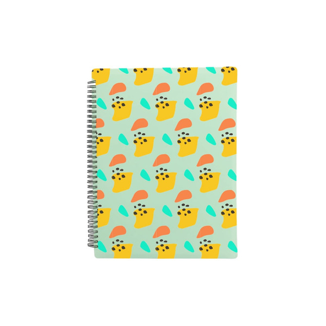 A loose-leaf folder featuring a mint green background with colourful abstract shapes in yellow, orange, and aqua, with a spiral binding.