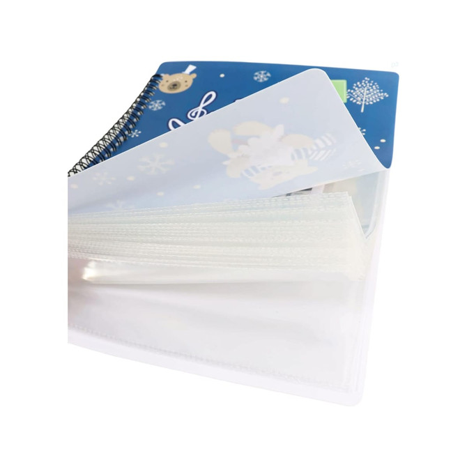 A loose-leaf folder with a blue cover featuring a design, and transparent inner pockets for sheet music.