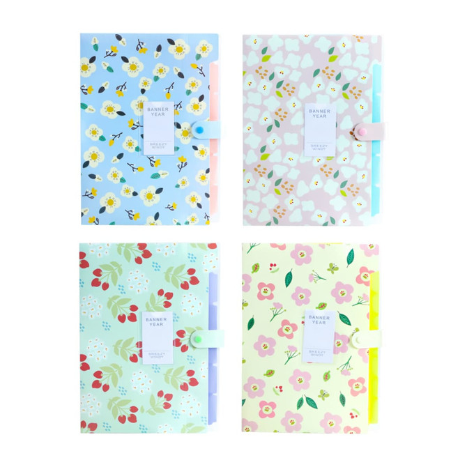 Four expandable file folders in pastel colours, featuring floral patterns. Each folder has a tab for easy organisation and a logo.