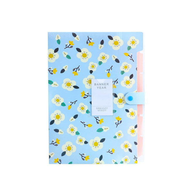A blue expandable file folder with a floral pattern featuring white flowers, yellow accents, and green leaves.
