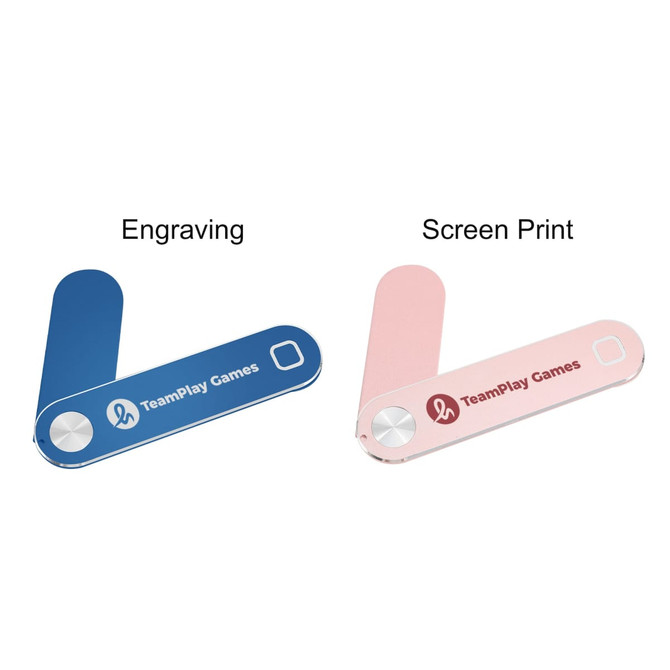 A blue and pink laptop extension arm with branding, featuring options for engraving and screen printing.