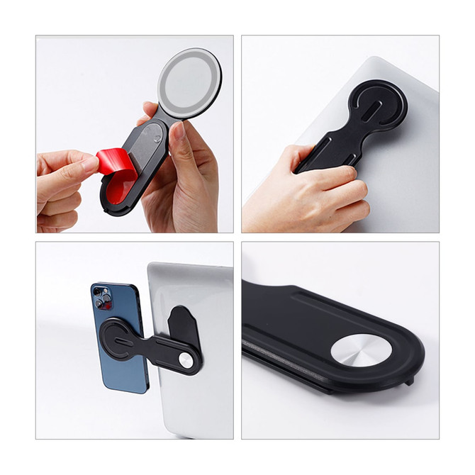 A plastic magnetic phone holder for laptops featuring a black design and an integrated mirror. It includes various angles of use.