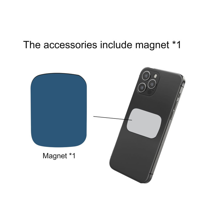 A grey magnet alongside a dark smartphone, featuring a rounded rectangular shape. The smartphone has a logo on the back.