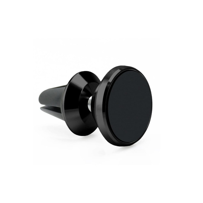 A rotatable black clip-on car phone holder with a circular magnetic mount for easy attachment.
