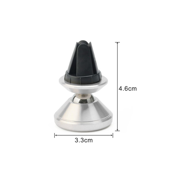 A rotatable clip-on car phone holder in silver and black, featuring a cone-shaped design with measurement indications.