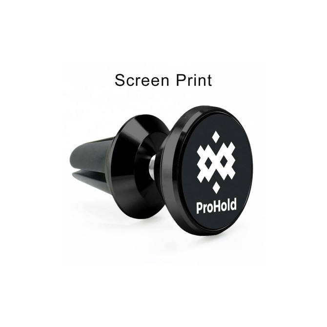 A rotatable clip-on car phone holder in black, featuring a circular design and a logo on the front.