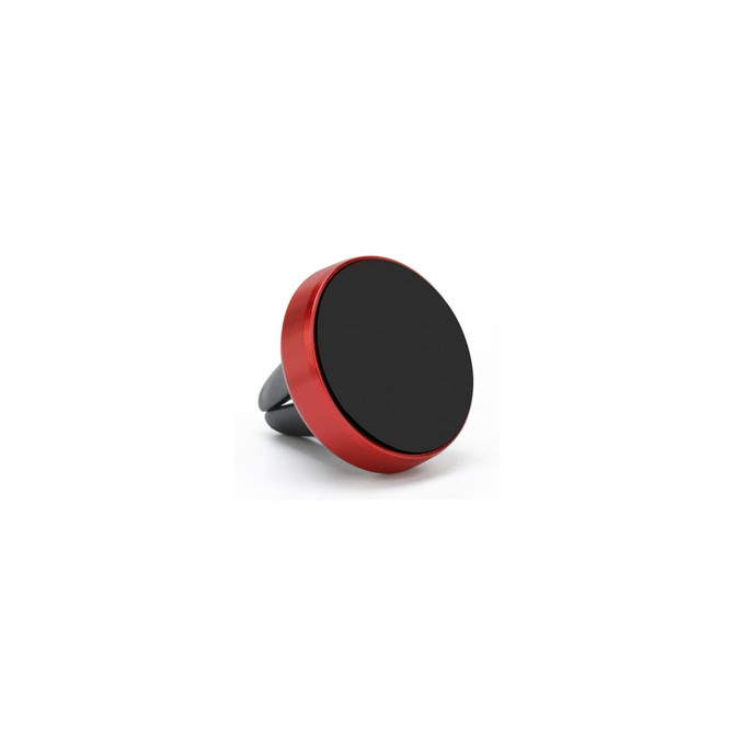 A red clip-on car phone holder with a round magnetic surface and black base. It features a logo on the product.