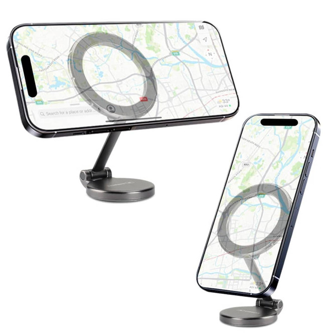 A magnetic car phone holder in black, displaying a smartphone mounted with a map on its screen.