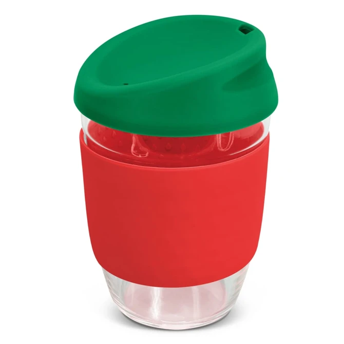 A drink bottle featuring a clear borosilicate body with a red silicone band and a green lid.