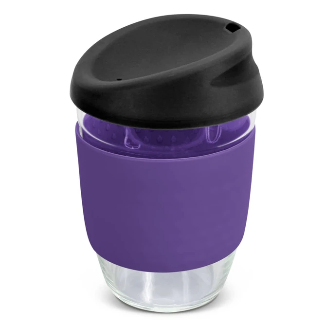 A drink bottle featuring borosilicate glass construction with a purple silicone sleeve and a black lid.