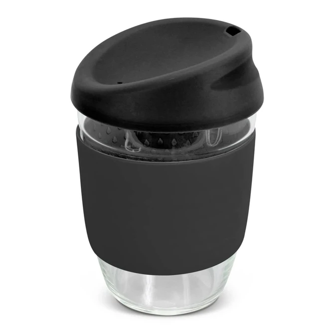 A drink bottle made of clear borosilicate glass with a black silicone sleeve and lid, featuring a sleek design.