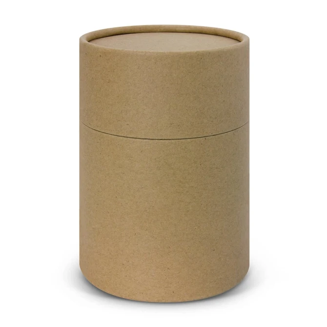 A cylindrical cardboard packaging in a brown kraft colour, featuring a removable lid.